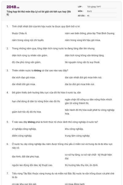Tổng hợp thi thử môn Địa Lý có lời giải chi tiết cực hay (Đề 8)