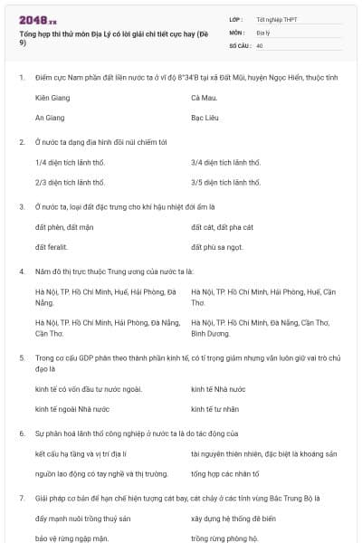 Tổng hợp thi thử môn Địa Lý có lời giải chi tiết cực hay (Đề 9)