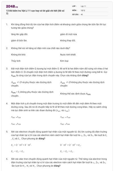 13 Đề kiểm tra Vật Lí 11 cực hay có lời giải chi tiết (Đề số 3)