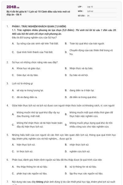 Bộ 4 đề thi giữa kì 1 Lịch sử 10 Cánh diều cấu trúc mới có đáp án - Đề 4