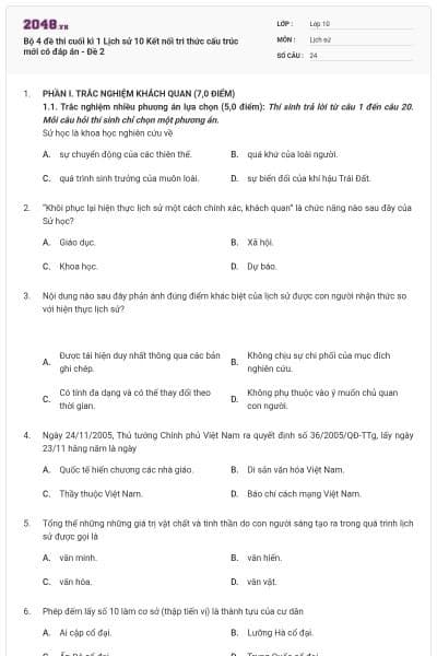 Bộ 4 đề thi cuối kì 1 Lịch sử 10 Kết nối tri thức cấu trúc mới có đáp án - Đề 2