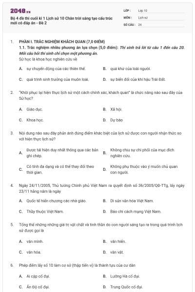 Bộ 4 đề thi cuối kì 1 Lịch sử 10 Chân trời sáng tạo cấu trúc mới có đáp án - Đề 2