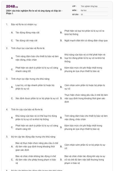 200+ câu trắc nghiệm Rơ le số và ứng dụng có đáp án - Phần 1