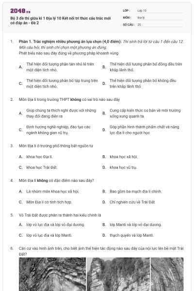 Bộ 3 đề thi giữa kì 1 Địa lý 10 Kết nối tri thức cấu trúc mới có đáp án - Đề 2