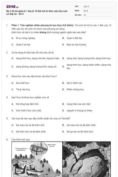 Bộ 3 đề thi giữa kì 1 Địa lý 10 Kết nối tri thức cấu trúc mới có đáp án - Đề 3