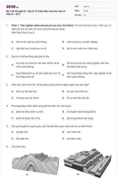 Bộ 3 đề thi giữa kì 1 Địa lý 10 Cánh diều cấu trúc mới có đáp án - Đề 2