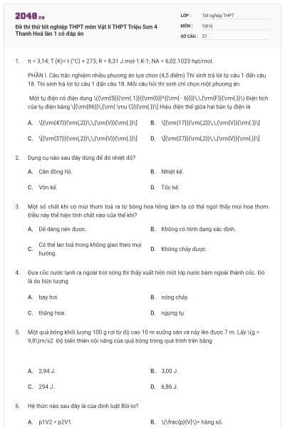 Đề thi thử tốt nghiệp THPT môn Vật lí THPT Triệu Sơn 4 Thanh Hoá lần 1 có đáp án