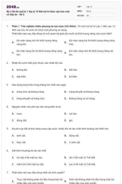 Bộ 3 đề thi cuối kì 1 Địa lý 10 Kết nối tri thức cấu trúc mới có đáp án - Đề 2