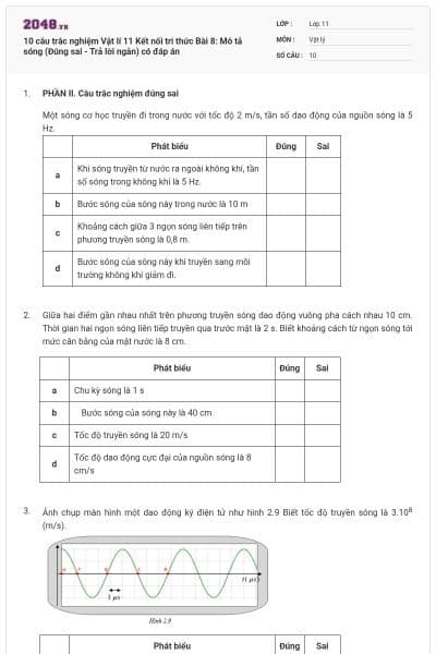 10 câu trắc nghiệm Vật lí 11 Kết nối tri thức Bài 8: Mô tả sóng (Đúng sai - Trả lời ngắn) có đáp án