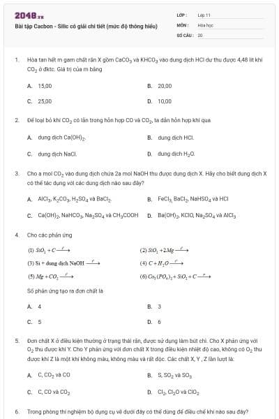 Bài tập Cacbon - Silic có giải chi tiết (mức độ thông hiểu)