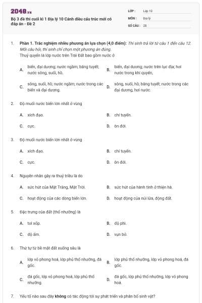Bộ 3 đề thi cuối kì 1 Địa lý 10 Cánh diều cấu trúc mới có đáp án - Đề 2