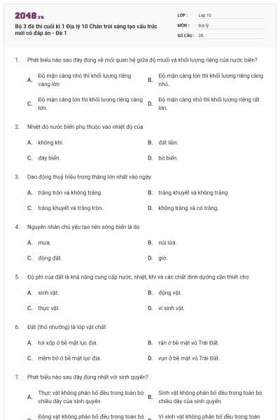 Bộ 3 đề thi cuối kì 1 Địa lý 10 Chân trời sáng tạo cấu trúc mới có đáp án - Đề 1