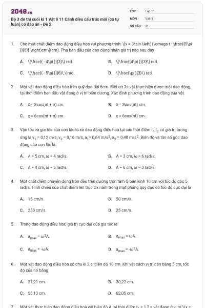 Bộ 3 đề thi cuối kì 1 Vật lí 11 Cánh diều cấu trúc mới (có tự luận) có đáp án - Đề 2