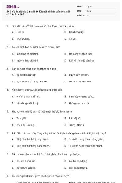 Bộ 3 đề thi giữa kì 2 Địa lý 10 Kết nối tri thức cấu trúc mới có đáp án - Đề 2