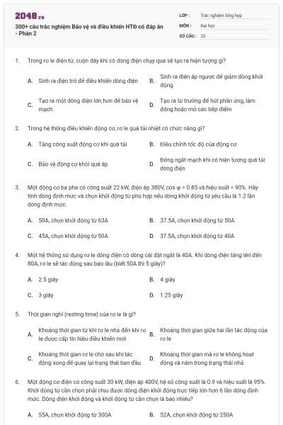 300+ câu trắc nghiệm Bảo vệ và điều khiển HTĐ có đáp án - Phần 2