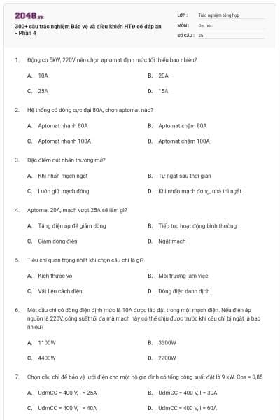 300+ câu trắc nghiệm Bảo vệ và điều khiển HTĐ có đáp án - Phần 4