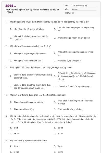 300+ câu trắc nghiệm Bảo vệ và điều khiển HTĐ có đáp án - Phần 9