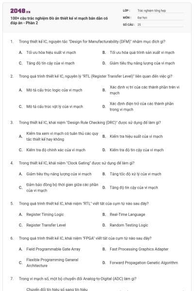 100+ câu trắc nghiệm Đồ án thiết kế vi mạch bán dẫn có đáp án - Phần 2