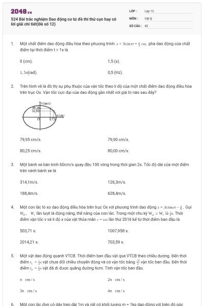 524 Bài trắc nghiệm Dao động cơ từ đề thi thử cực hay có lời giải chi tiết(Đề số 12)