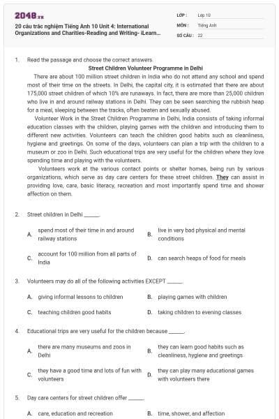 20 câu trắc nghiệm Tiếng Anh 10 Unit 4: International Organizations and Charities-Reading and Writing- iLearn Smart World có đáp án
