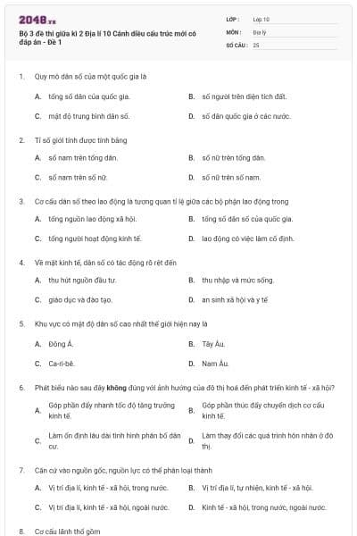 Bộ 3 đề thi giữa kì 2 Địa lí 10 Cánh diều cấu trúc mới có đáp án - Đề 1