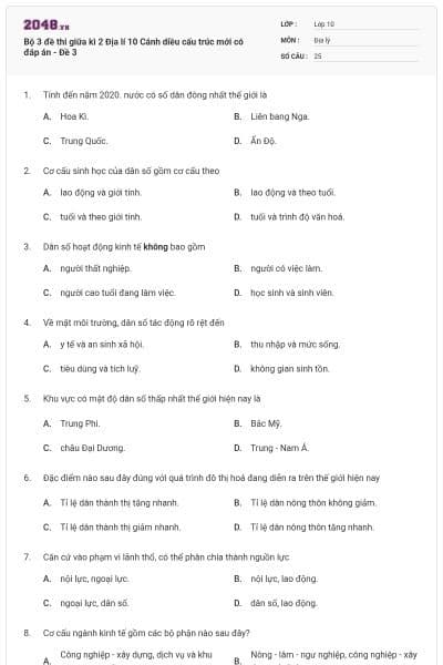 Bộ 3 đề thi giữa kì 2 Địa lí 10 Cánh diều cấu trúc mới có đáp án - Đề 3