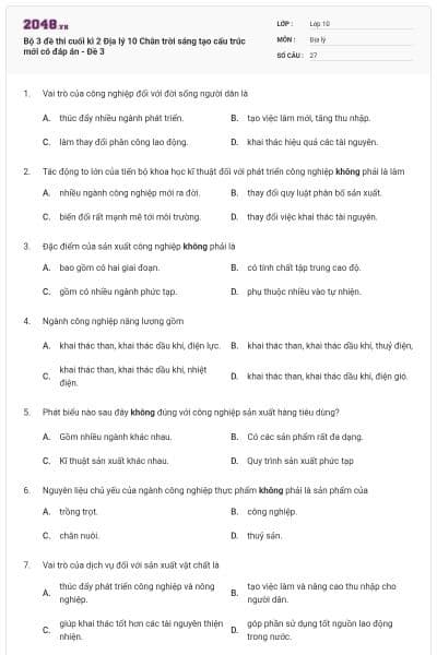 Bộ 3 đề thi cuối kì 2 Địa lý 10 Chân trời sáng tạo cấu trúc mới có đáp án - Đề 3