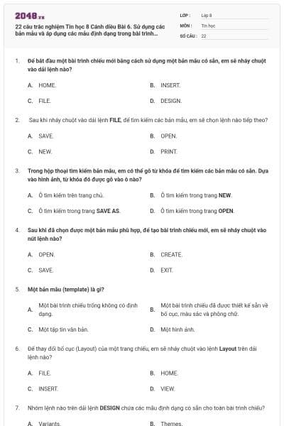 22 câu trắc nghiệm Tin học 8 Cánh diều Bài 6. Sử dụng các bản mẫu và áp dụng các mẫu định dạng trong bài trình chiếu có đáp án