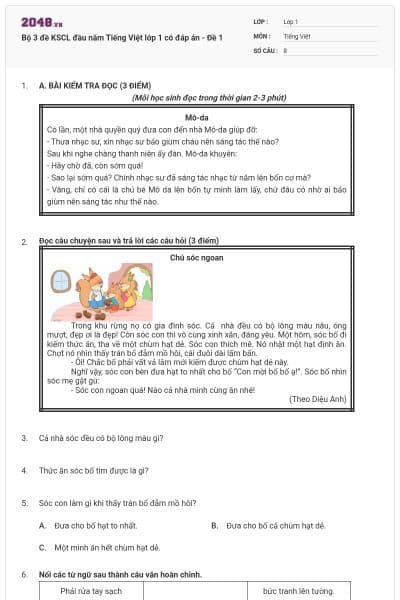 Bộ 3 đề KSCL đầu năm Tiếng Việt lớp 1 có đáp án - Đề 1