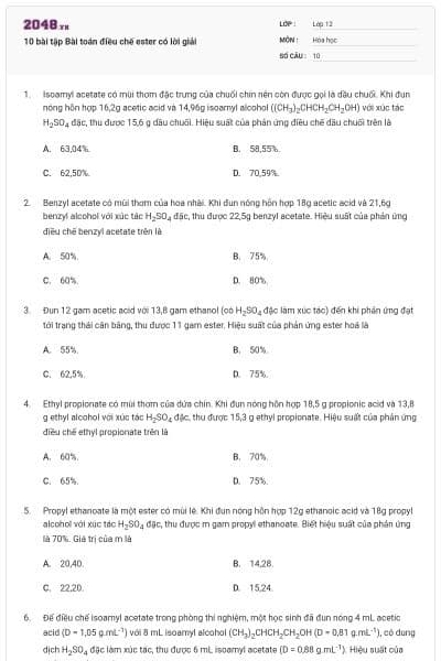 10 bài tập Bài toán điều chế ester có lời giải