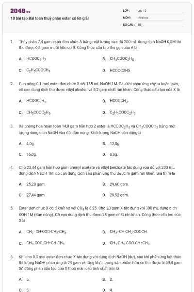 10 bài tập Bài toán thuỷ phân ester có lời giải