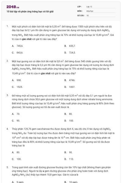 10 bài tập về phản ứng tráng bạc có lời giải