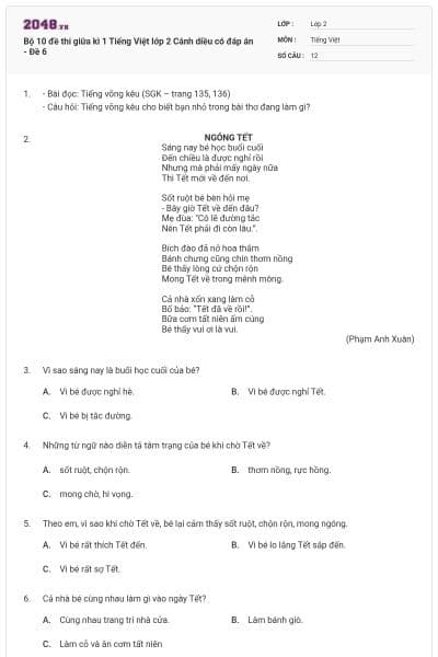 Bộ 10 đề thi giữa kì 1 Tiếng Việt lớp 2 Cánh diều có đáp án - Đề 6