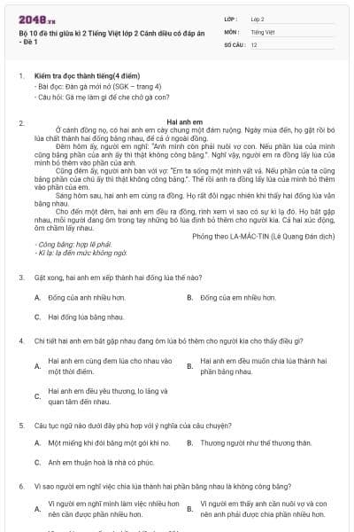 Bộ 10 đề thi giữa kì 2 Tiếng Việt lớp 2 Cánh diều có đáp án - Đề 1