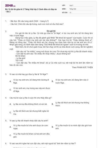 Bộ 10 đề thi giữa kì 2 Tiếng Việt lớp 2 Cánh diều có đáp án - Đề 2