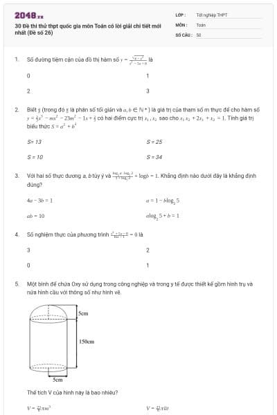 30 Đề thi thử thpt quốc gia môn Toán có lời giải chi tiết mới nhất (Đề số 26)