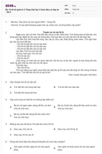 Bộ 10 đề thi giữa kì 2 Tiếng Việt lớp 2 Cánh diều có đáp án - Đề 6