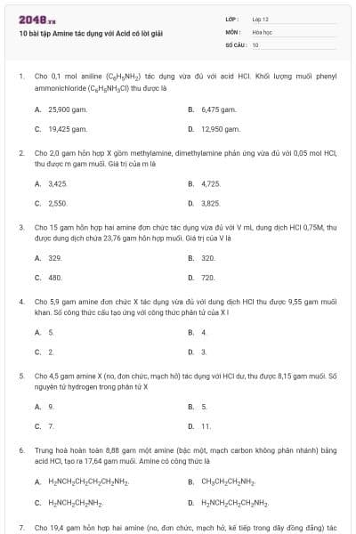 10 bài tập Amine tác dụng với Acid có lời giải