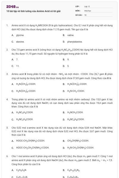 10 bài tập về tính lưỡng của Amimo Acid có lời giải
