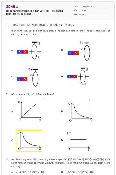 Đề thi thử tốt nghiệp THPT môn Vật lí THPT Trần Đăng Ninh - Hà Nội có đáp án