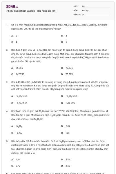 70 câu trắc nghiệm Cacbon - Silic nâng cao (p1)