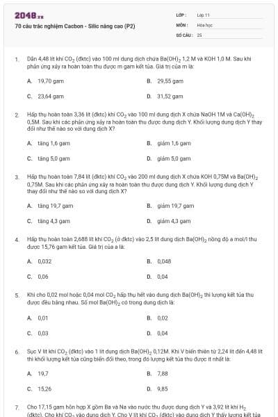 70 câu trắc nghiệm Cacbon - Silic nâng cao (P2)