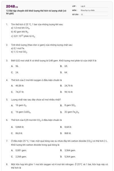 12 Bài tập chuyển đổi khối lượng thể tích và lượng chất (có lời giải)