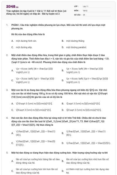 Trắc nghiệm ôn tập Cuối kì 1 Vật Lí 11 Kết nối tri thức (có đúng sai, trả lời ngắn) có đáp án - Bài tự luyện số 2