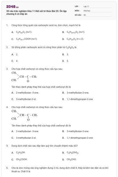 30 câu trắc nghiệm Hóa 11 Kết nối tri thức Bài 25: Ôn tập chương 6 có đáp án