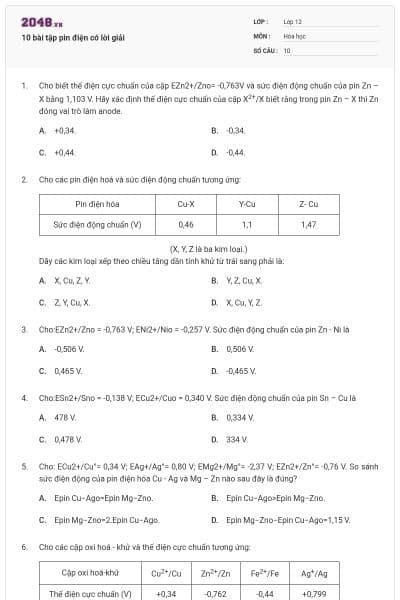 10 bài tập pin điện có lời giải