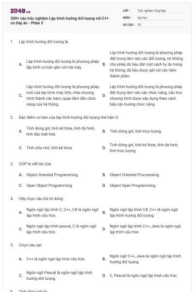 300+ câu trắc nghiệm Lập trình hướng đối tượng với C++ có đáp án - Phần 3