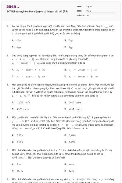 347 Bài trắc nghiệm Dao động cơ có lời giải chi tiết (P5)
