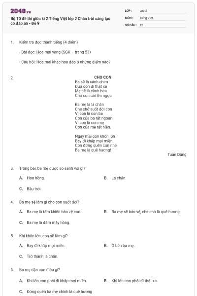 Bộ 10 đề thi giữa kì 2 Tiếng Việt lớp 2 Chân trời sáng tạo có đáp án - Đề 9