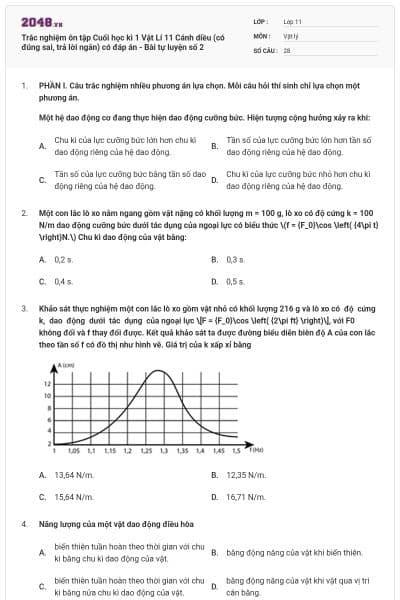 Trắc nghiệm ôn tập Cuối học kì 1 Vật Lí 11 Cánh diều (có đúng sai, trả lời ngắn) có đáp án - Bài tự luyện số 2